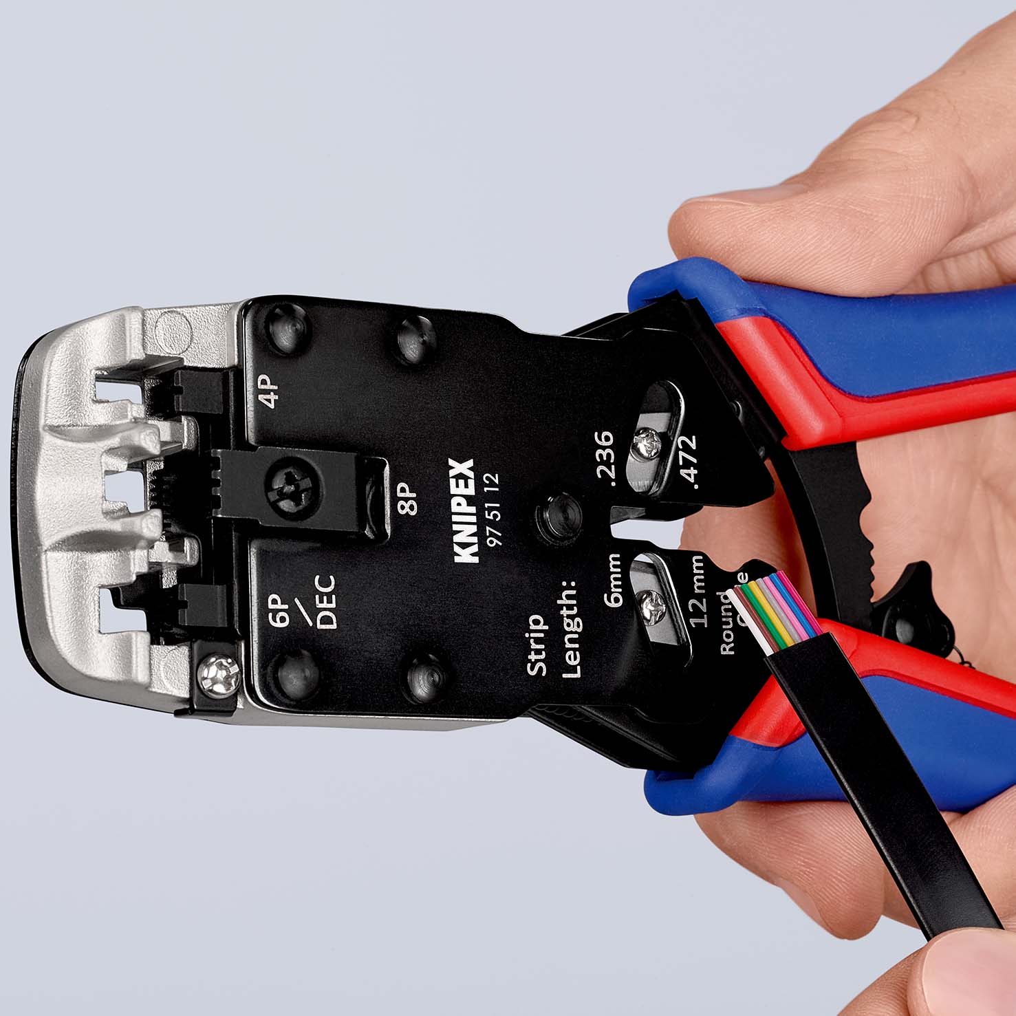 Пресс-клещи для штекеров RJ, 3 гнезда, RJ 10 (4-pin), RJ 11/12 (6-pin), RJ 45 (8-pin), 200 мм (KN-975112)
