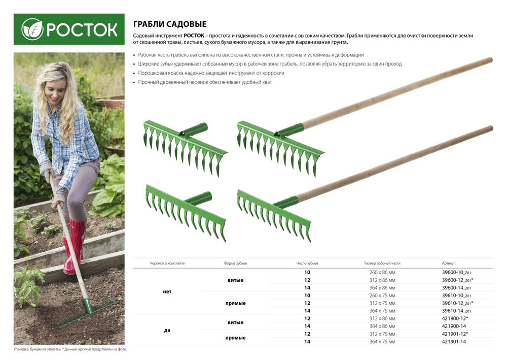 Грабли РОСТОК 370 x 100 x 1300 мм, 12 витых зубьев, сталь, покрытие краска, деревянный черенок высший сорт 421900-12