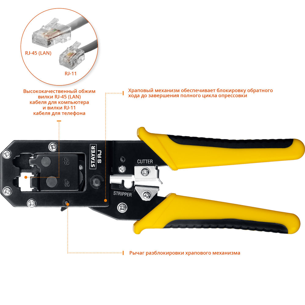 Кримпер универсальный (RJ45, RJ11, RJ12) S-RJ Professional STAYER 22652