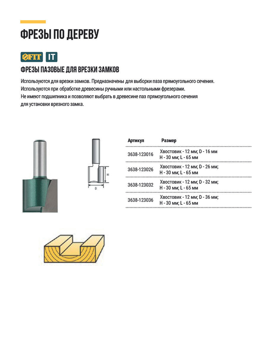 Фреза пазовая для врезки замков DxHxL=26х30х65 мм (3638-123026)