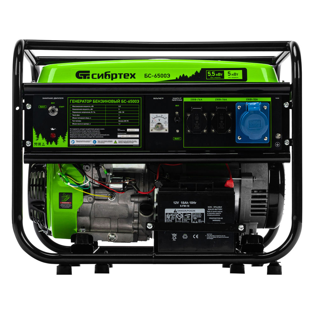 Генератор бензиновый БС-6500Э, 5.5 кВт, 230В, четырехтактный, 25 л, электростартер Сибртех (94548)