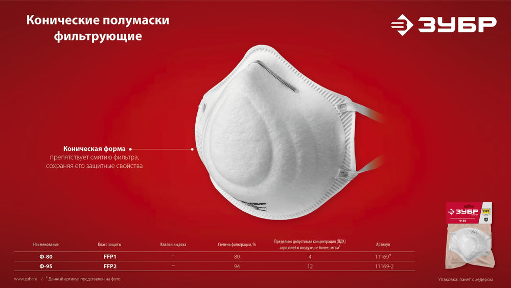 Полумаска фильтрующая Ф-80 коническая, класс защиты FFP1 ЗУБР 11169