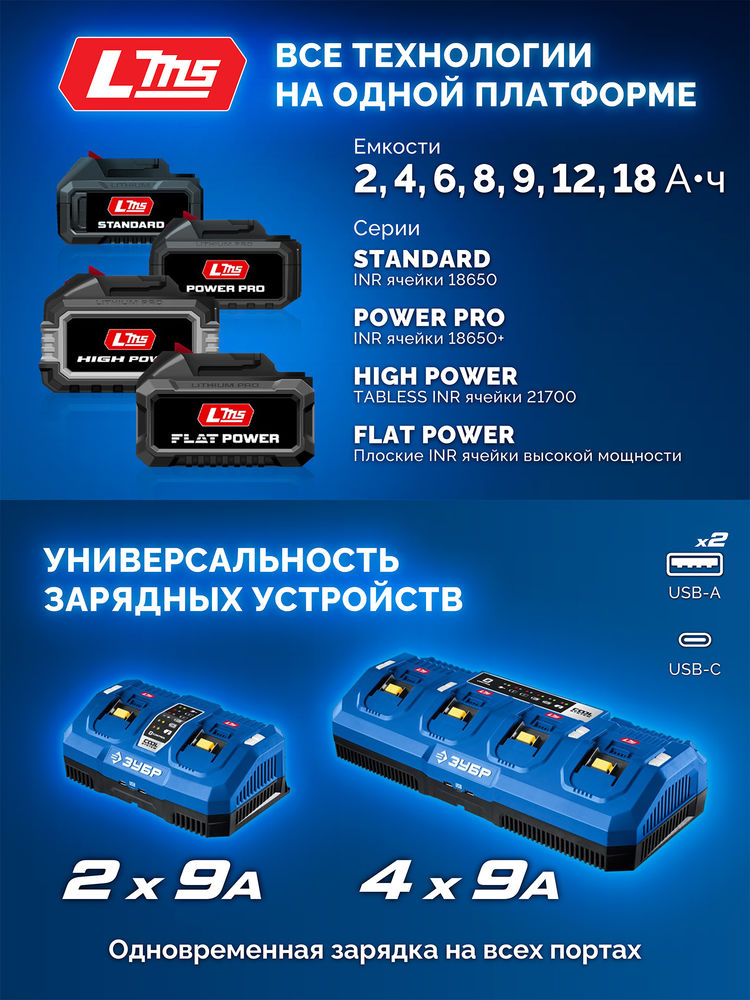 Зарядное устройство для LMS АКБ 20 В 1 порт 1 х 6 А Turbo CHARGE ЗУБР TC-20-1