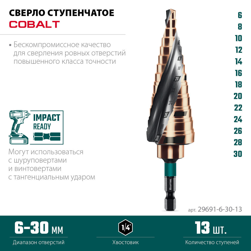Сверло ступенчатое COBALT, 6–30 мм, 13 ступеней, азотирование, винтовая спираль KRAFTOOL 29691-6-30-13