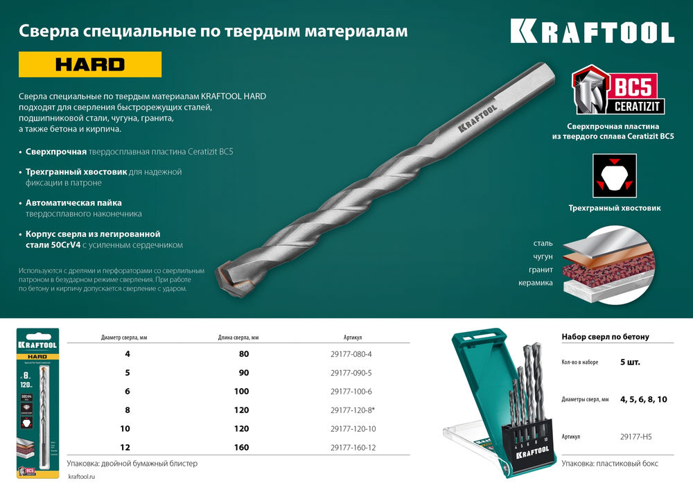 Набор сверл по твёрдым материалам Hard, 5 шт: 4-5-6-8-10 мм KRAFTOOL 29177-H5