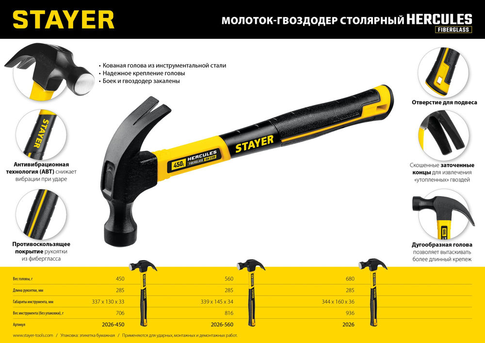 Молоток-гвоздодёр столярный Hercules, 450 г, с фиберглассовой рукояткой STAYER Professional 2026-450_z02