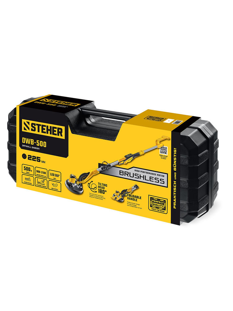 Машина шлифовальная для стен (жираф) бесщеточная d225 мм, 500 Вт, подсветка, кейс STEHER DWB-500