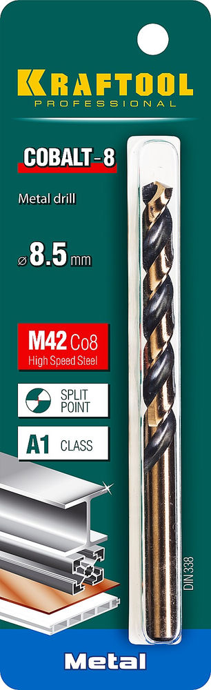 Сверло по металлу 8.5 х 117 мм сталь М42, HSS-Co(8%) COBALT-8 KRAFTOOL 29656-8.5