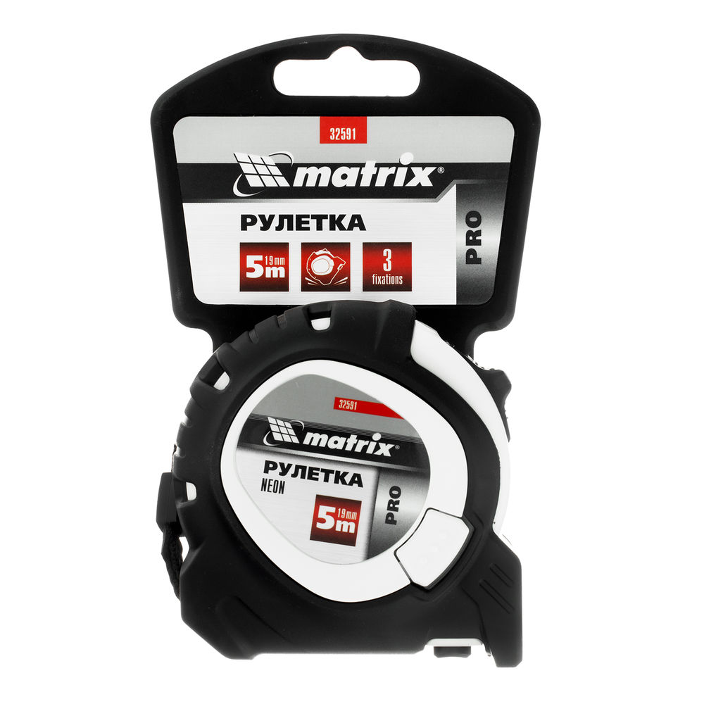 Рулетка Neon,5 м x 19 мм,обрезиненный корпус,3 фиксации,Pro Matrix