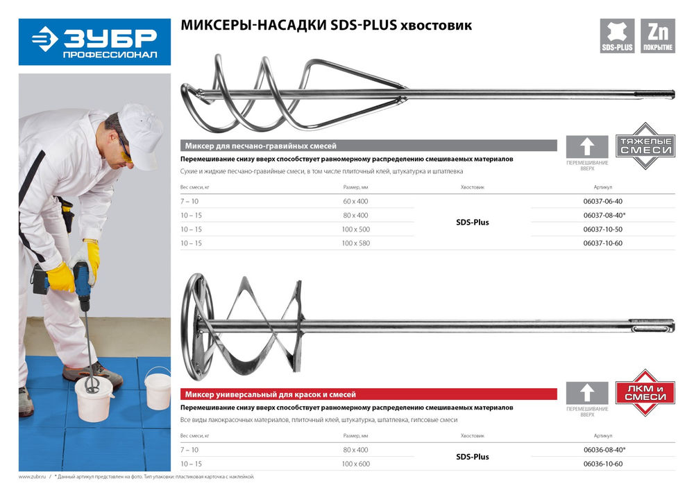 Миксер для песчано-гравийных смесей 100?500 мм SDS+ ЗУБР Профессионал 06037-10-50