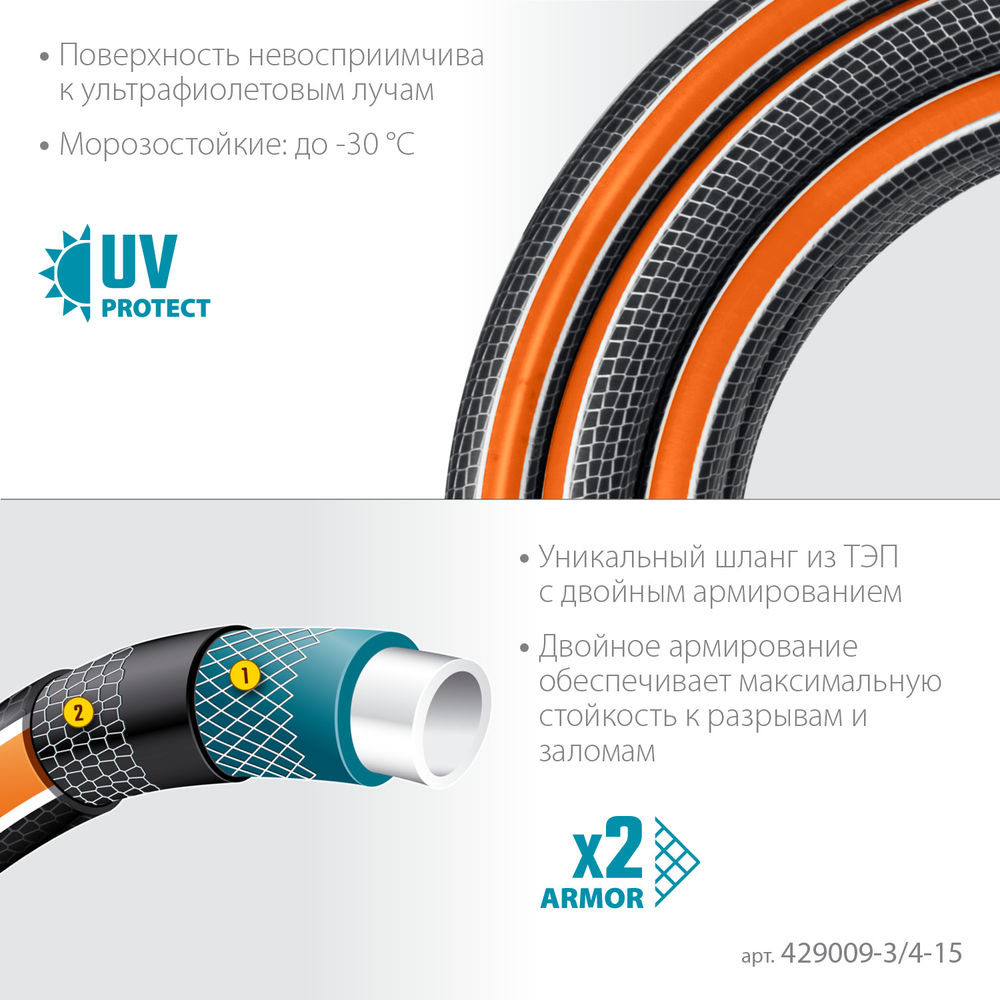 Поливочный шланг ULTRA 6, 3/4, 15 м, 25 атм, шестислойный, двойное армирование, PROLine GRINDA 429009-3/4-15