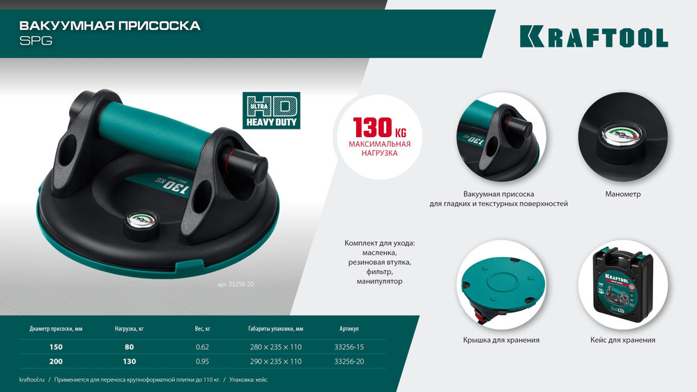 Вакуумная присоска с манометром SPG-200, 130 кг, 200 мм KRAFTOOL 33256-20