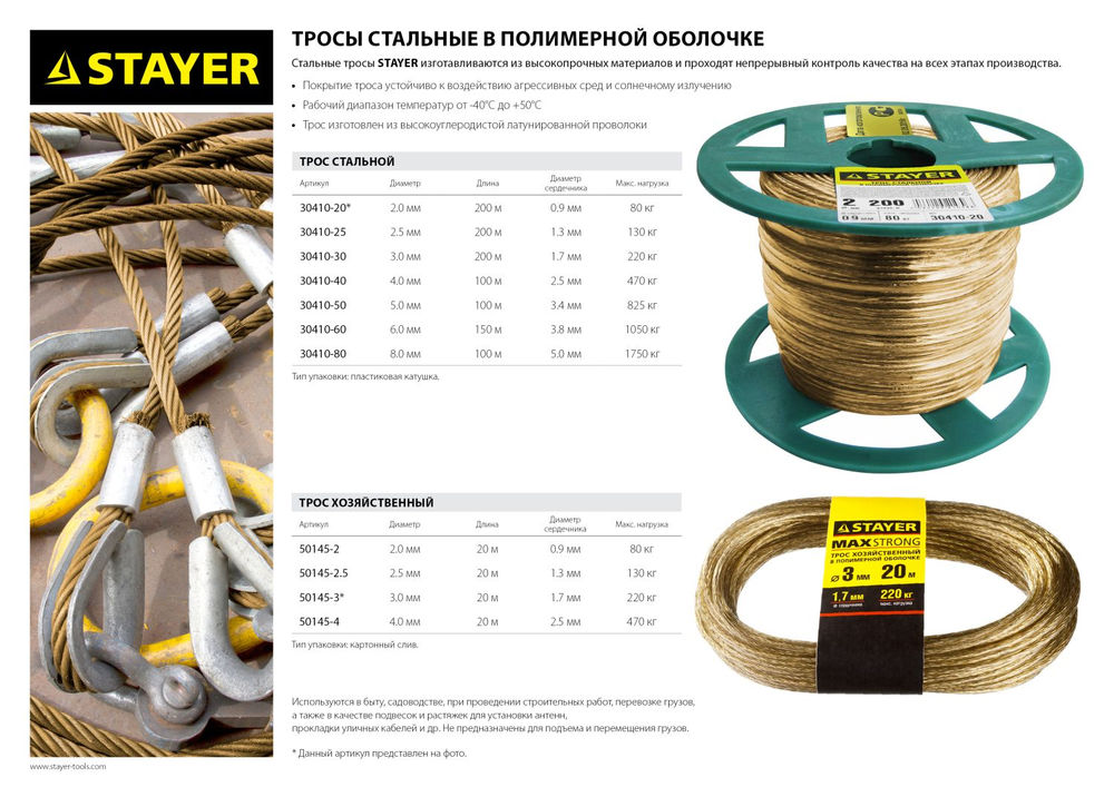 Трос стальной 8 мм, L 100 м, в полимерной оболочке STAYER 30410-80