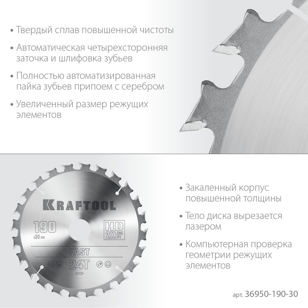 Пильный диск по дереву Fast, 190 х 30 мм, 24Т KRAFTOOL 36950-190-30
