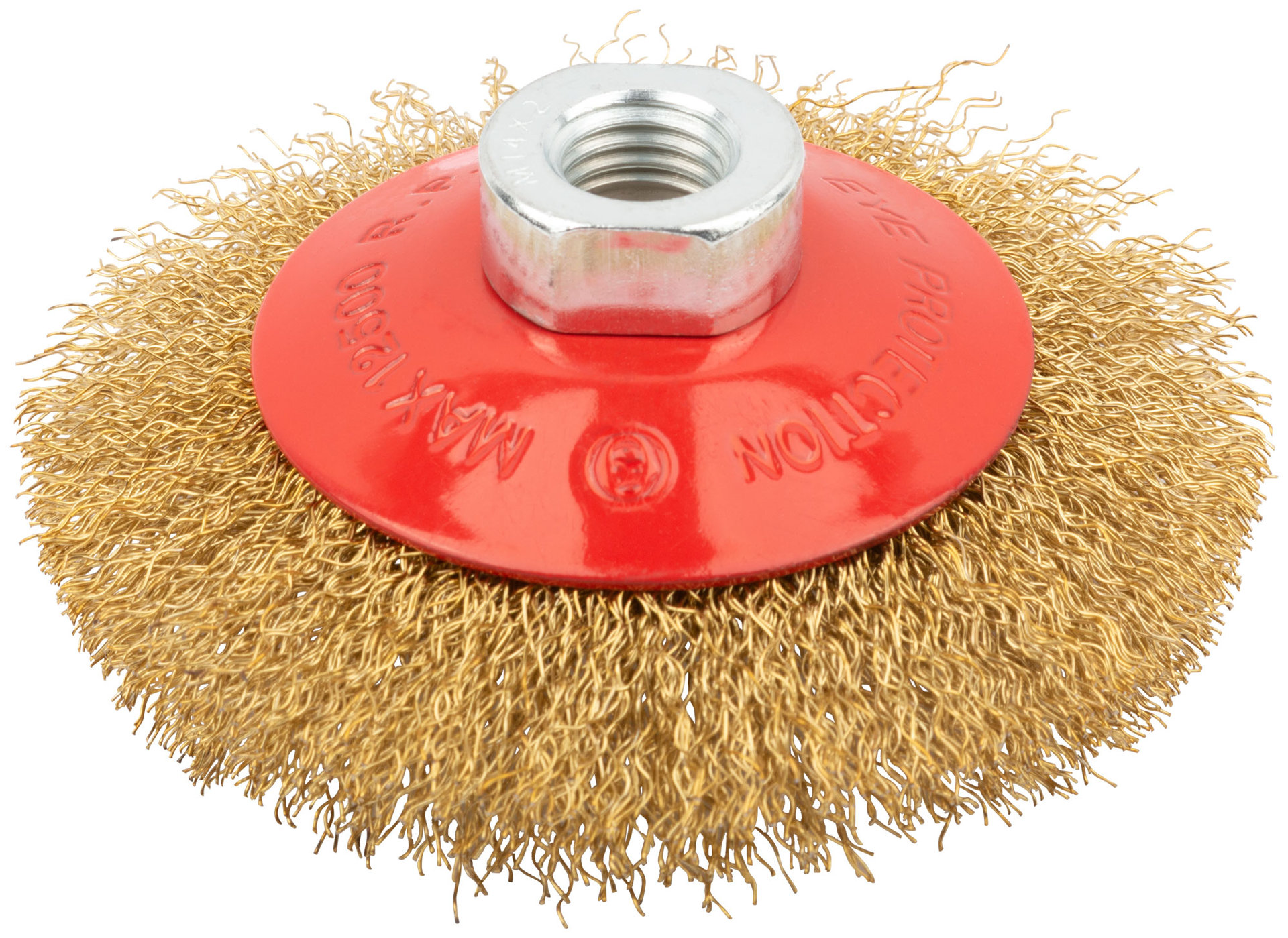 Корщетка-колесо с наклоном, гайка М14, стальная латунированная волнистая проволока 100 мм (39050)