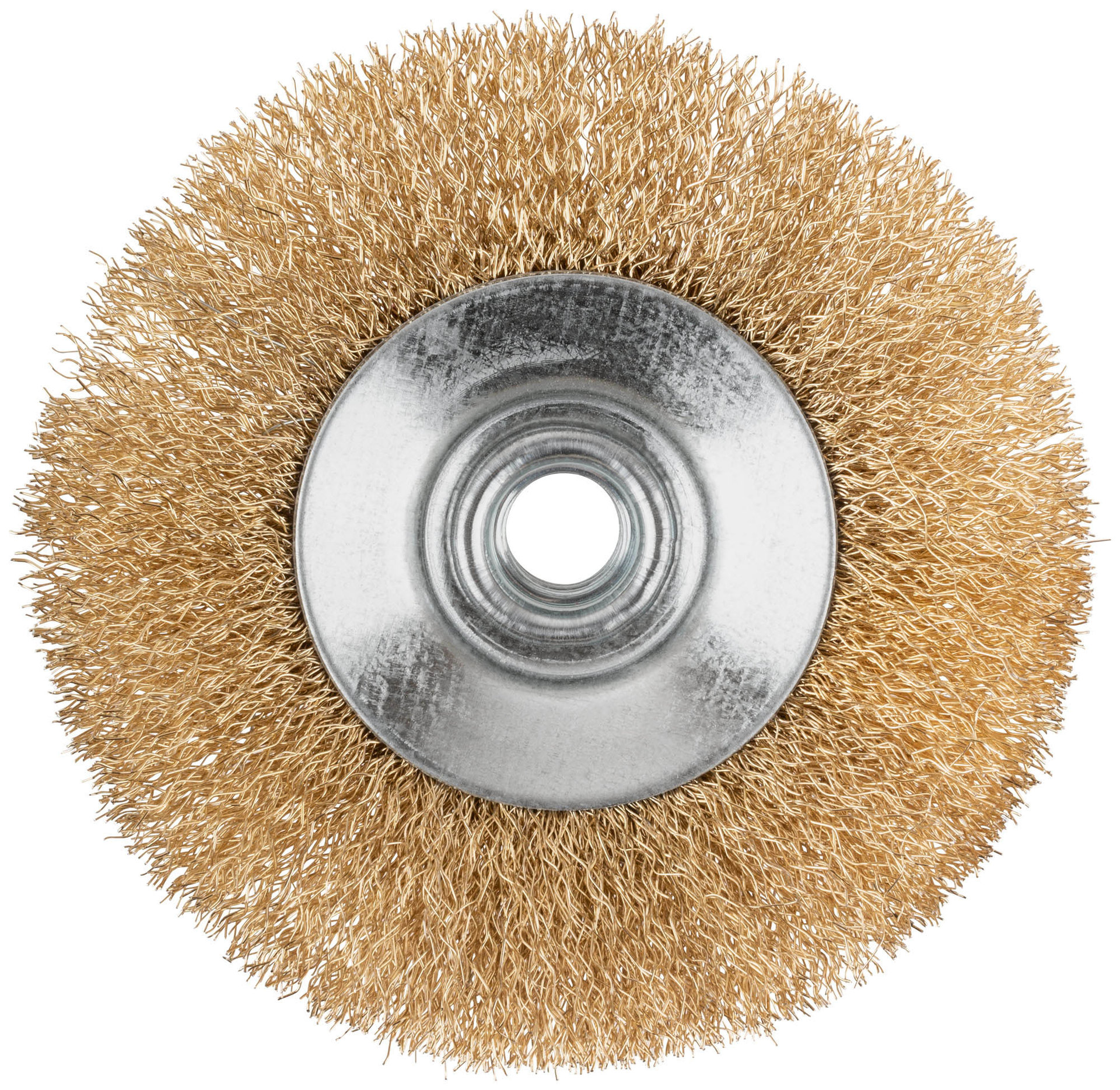 Корщетка-колесо с наклоном, гайка М14, стальная латунированная волнистая проволока 115 мм, блистер (39084)