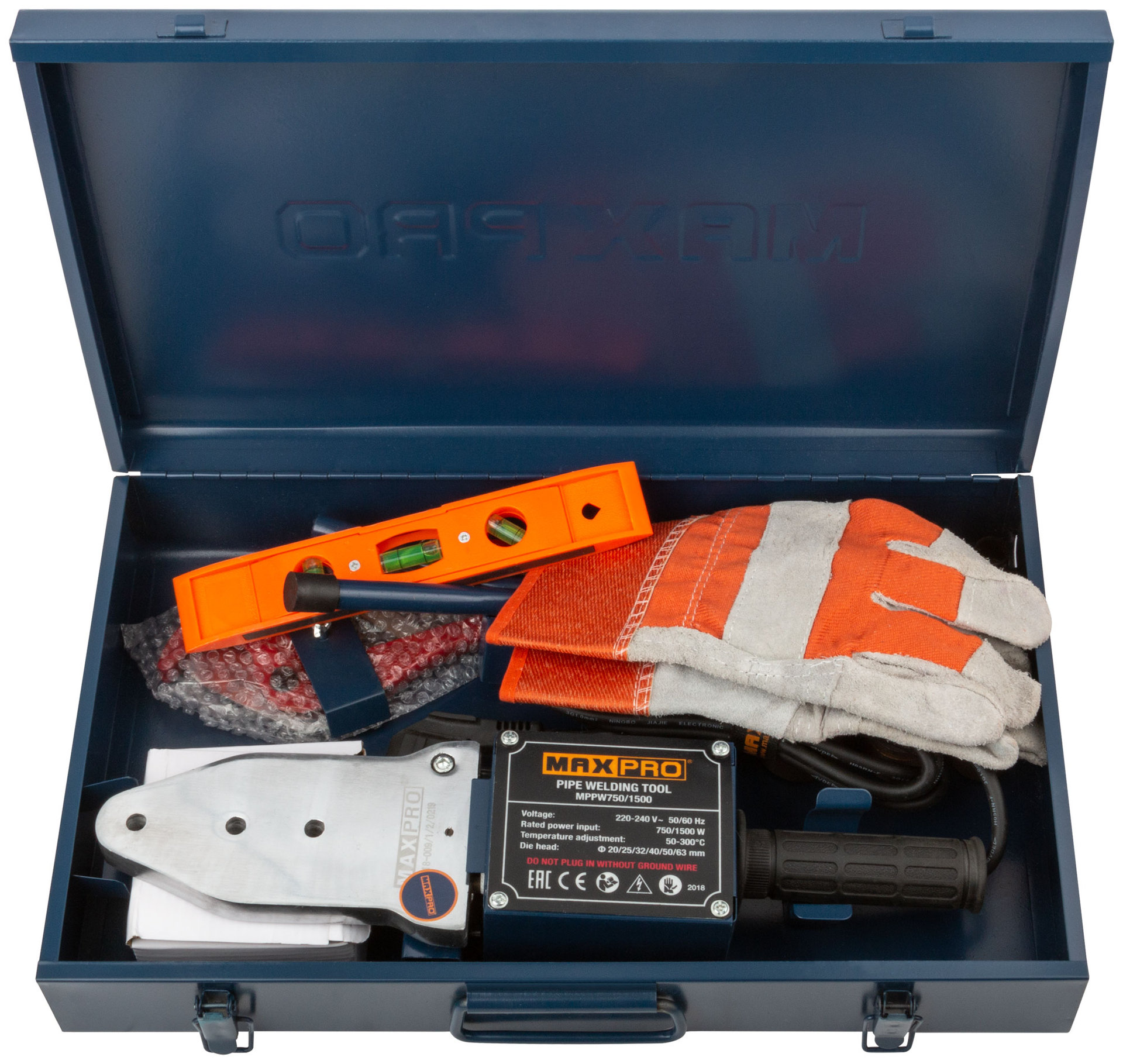 Аппарат сварочный для пластиковых труб 750/1500 Вт; 50-300°; 6 насадок; 5,8 кг; диаметры труб 20/25/32/40/50/63мм; металлический кейс MAX-PRO 85283