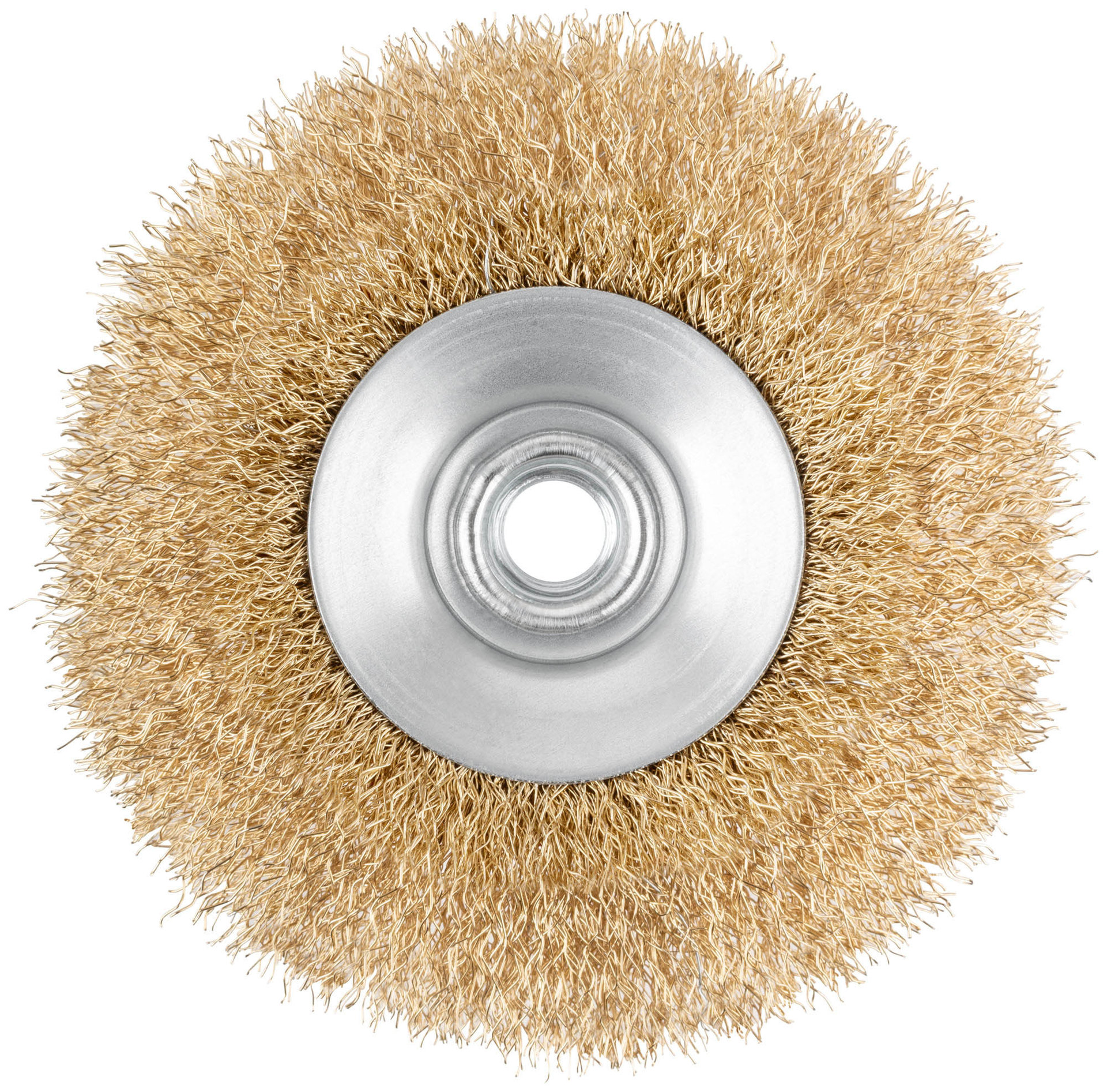 Корщетка-колесо с наклоном, гайка М14, стальная латунированная волнистая проволока 125 мм, блистер (39085)