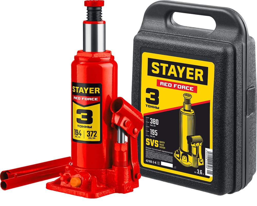 Домкрат бутылочный гидравлический в кейсе 3 т, 194 - 375 мм RED FORCE Professional STAYER 43160-3-K