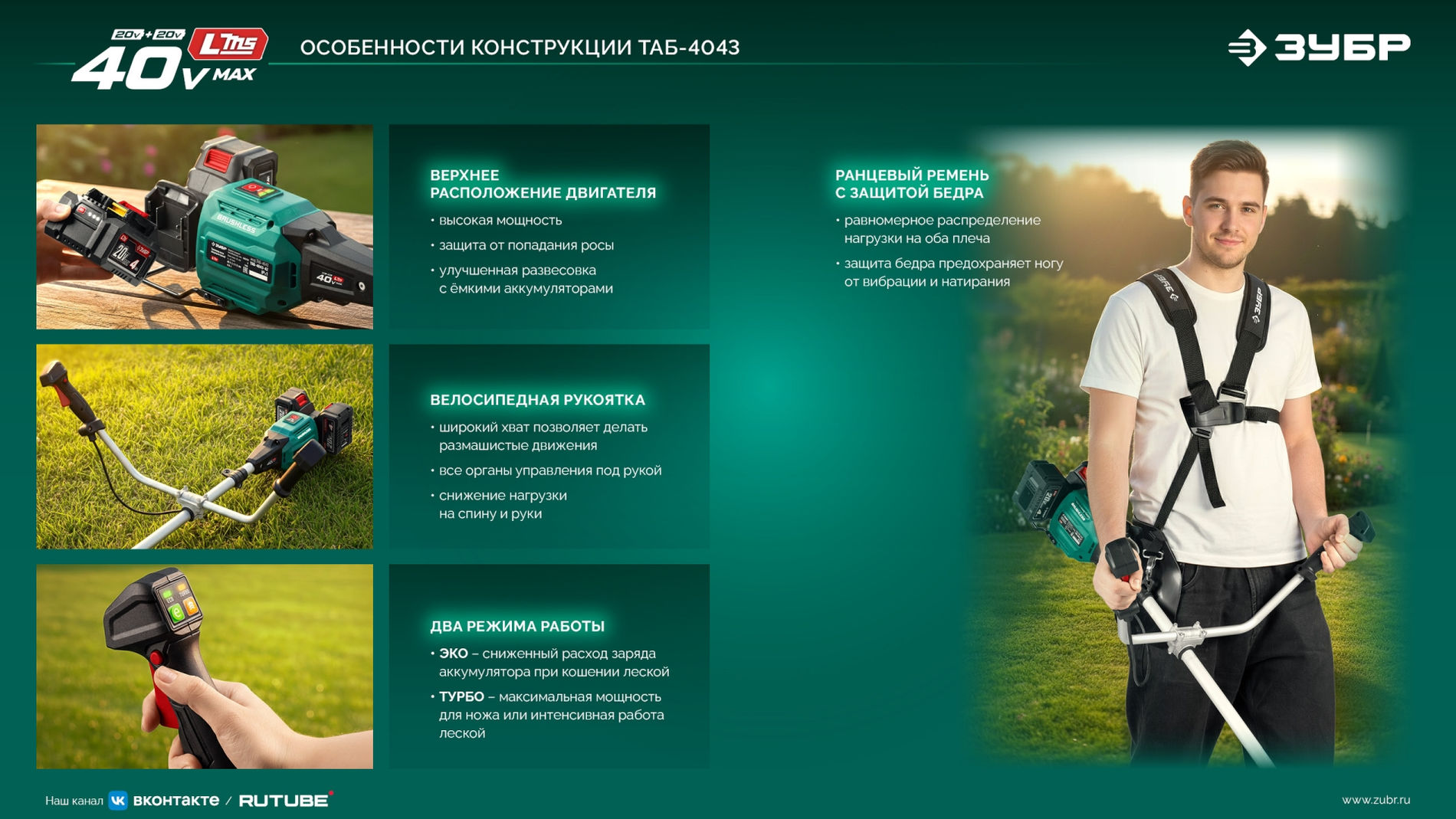 ЗУБР 40 В (2x20В), 430 мм, 2 АКБ LMS (4 Ач), триммер-коса аккумуляторный бесщеточный (ТАБ-4043-42)