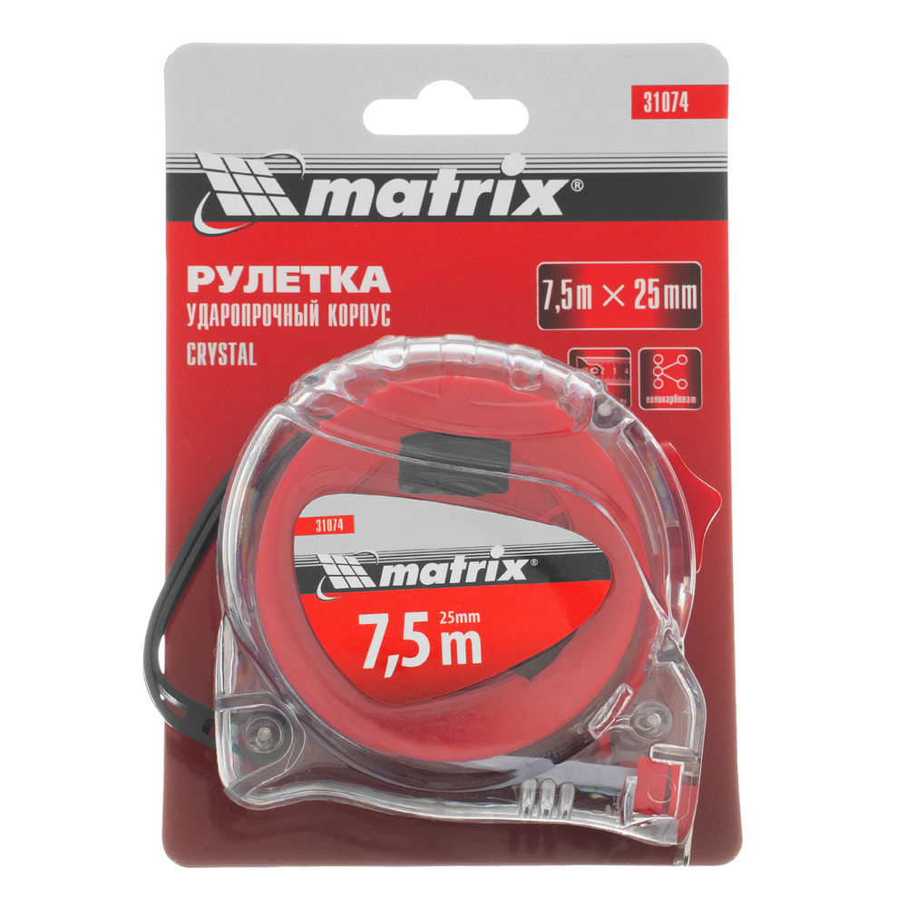 Рулетка Crystal,7,5 м х 25 мм,корпус из поликарбоната Matrix