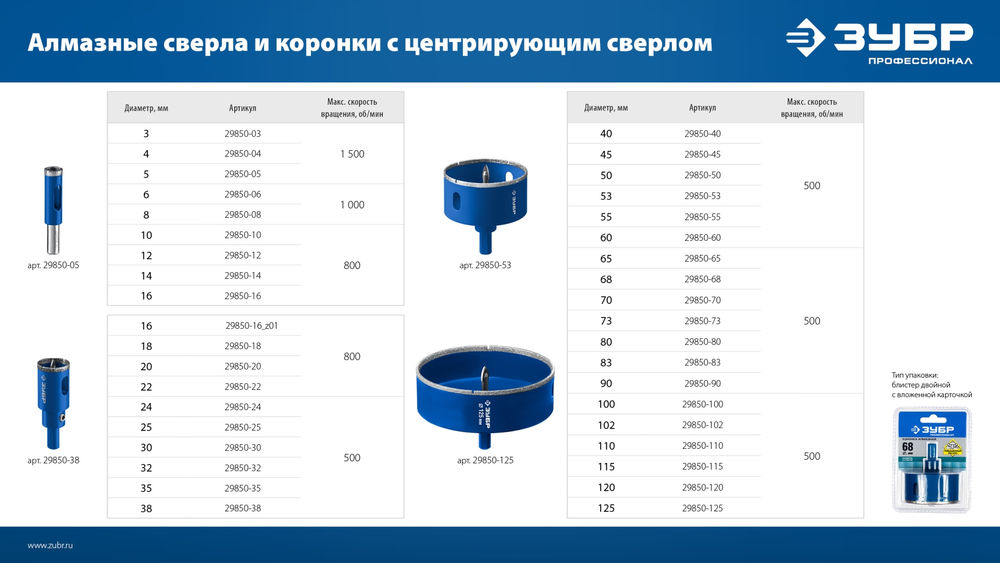 Сверло трубчатое алмазное АГК, d 3 мм, Р60 ЗУБР Профессионал 29850-03