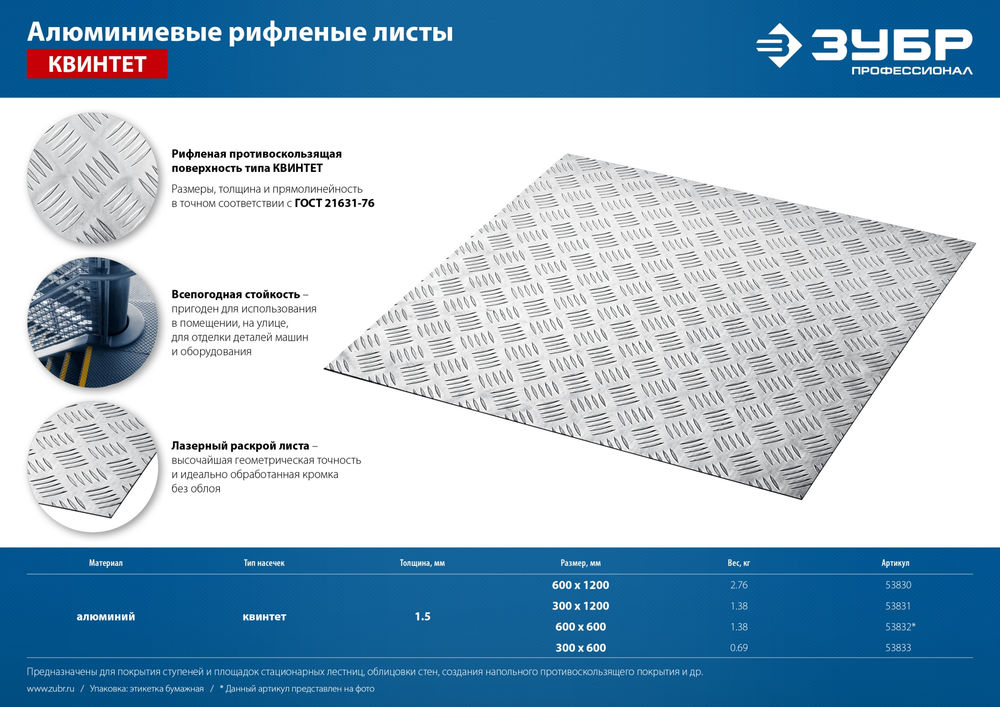 Лист алюминиевый рифлёный Квинтет 600 x 1200 x 1.5 мм ЗУБР Профессионал 53830