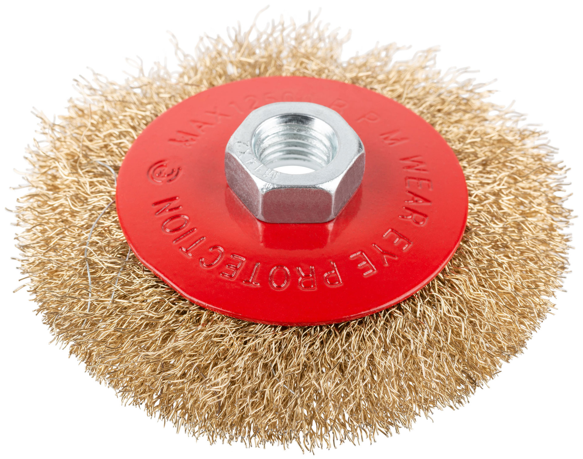 Корщетка-колесо с наклоном, гайка М14, стальная латунированная волнистая проволока 100 мм, блистер (39083)