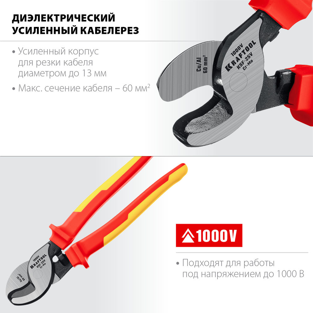 Усиленный диэлектрический кабелерез KSF-25V, d 13 мм, 250 мм, VDE, 1000 В KRAFTOOL 23334-25V