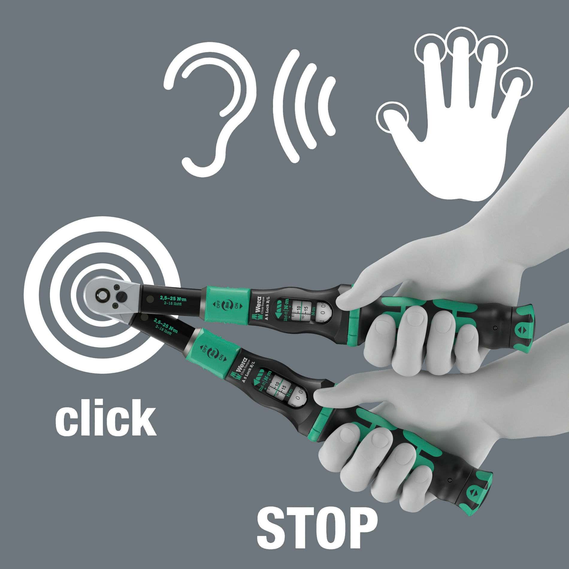 Click-Torque Lock A 5 R/L Ключ динамометрический регулируемый, 1/4 квадрат, 2.5-25 Нм ±4%, 299 мм, функция отключения затяжки (Torque Lock), для правой и левой затяжки (WE-075693)