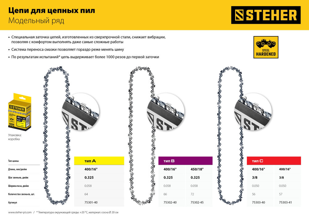 Цепь для бензопил type B STEHER шаг 0.325 паз 1.5 мм 66 звеньев 75302-40  