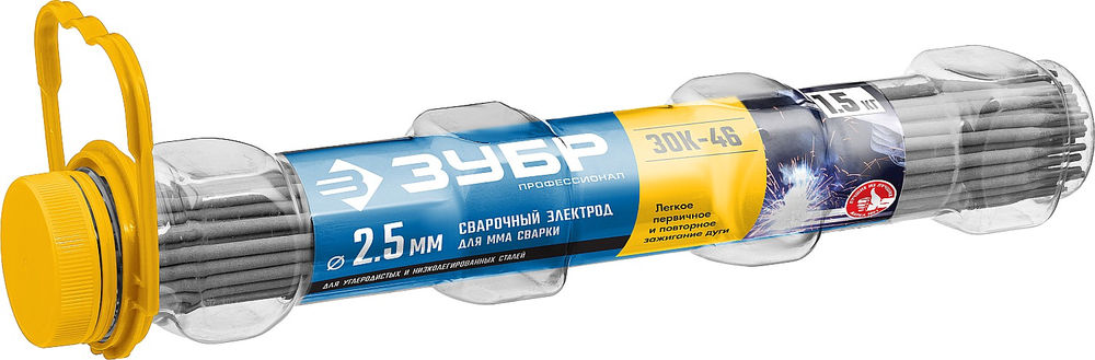 Электрод сварочный ЗОК-46 рутил-целлюлозный D 2.5 x 350 мм, 1.5 кг в ПВХ тубе ЗУБР Профессионал 40031-2.5