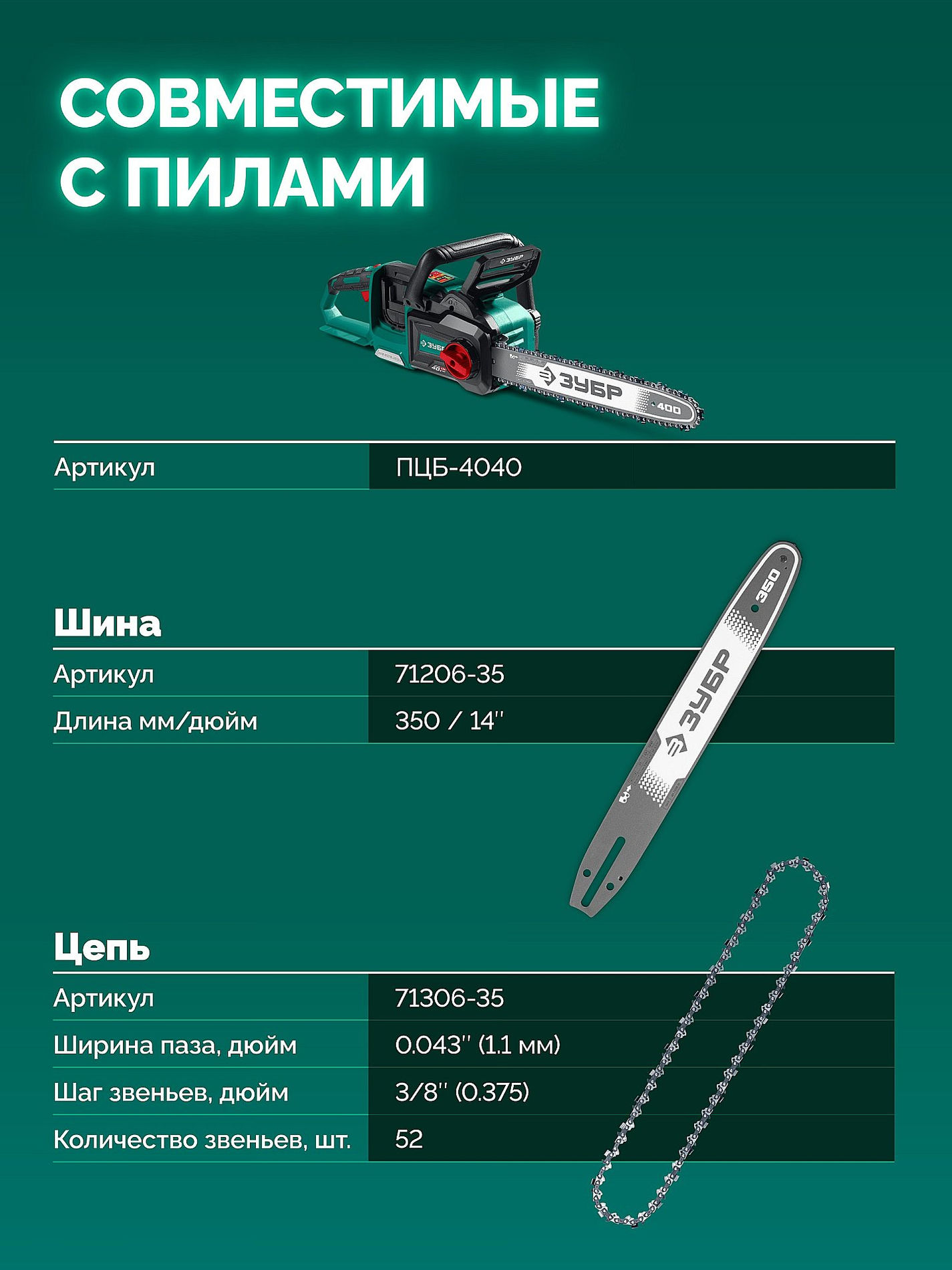 ЗУБР тип 6, 35 см, шаг 3/8?, паз 1.1 мм, 52 звена, шина (71206-35)