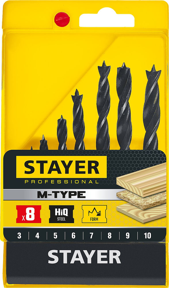 Набор спиральных сверл по дереву 8 шт: 3-4-5-6-7-8-9-10 мм M-type STAYER 2942-H8