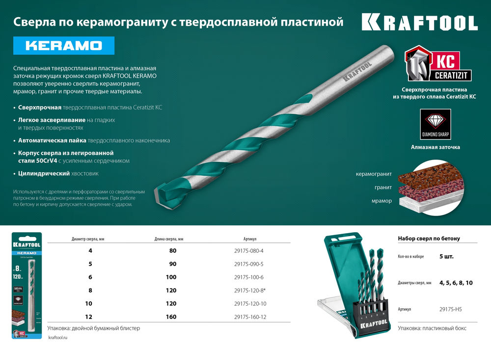 Сверло по керамограниту Keramo, 8 х 120 мм, тв.сплав КС KRAFTOOL 29175-120-8