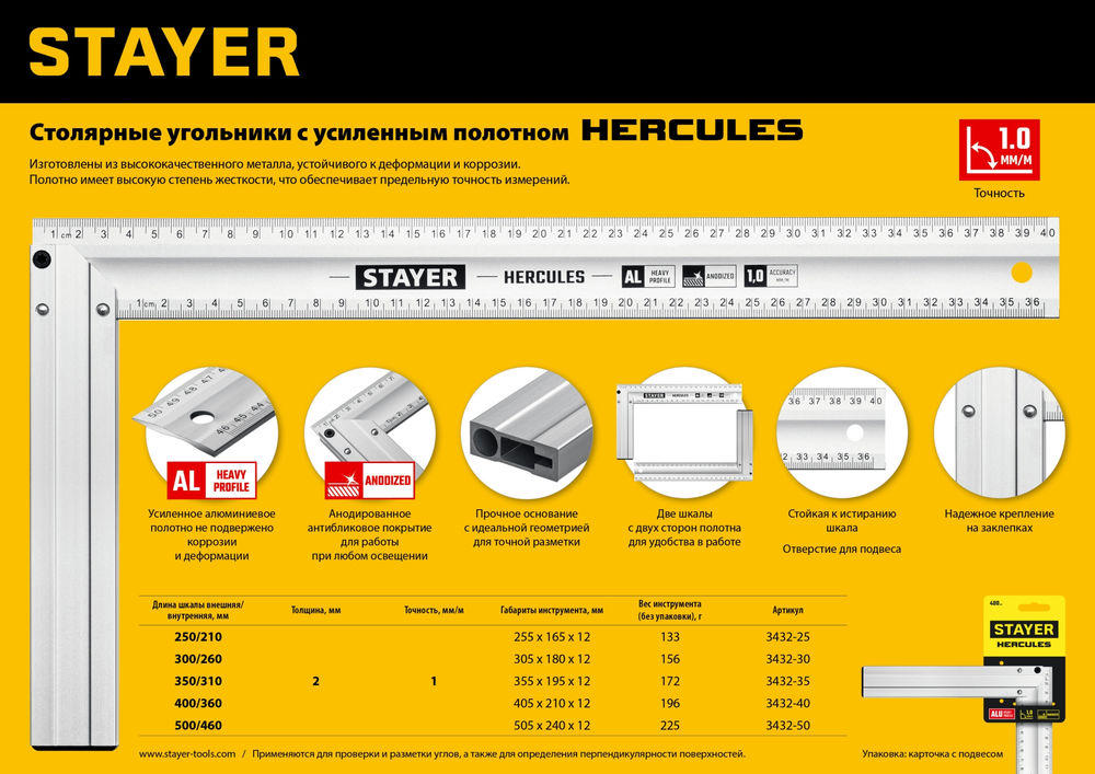 Угольник столярный 400 мм, жесткий STAYER Professional 3432-40