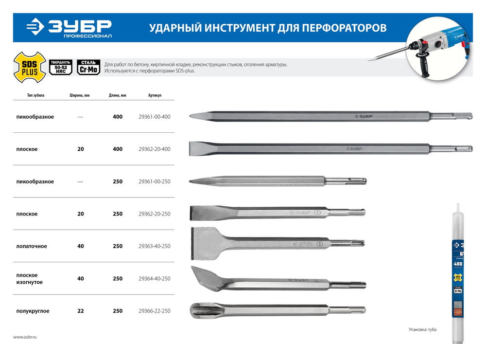 Зубило пикообразное 400 мм SDS-plus ЗУБР БУРАН Профессионал 29361-00-400_z01