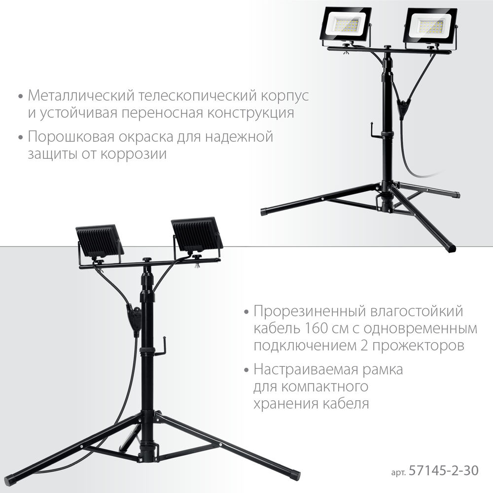 Прожекторы светодиодные на штативе 2 х 30 Вт, 6500 К, IP65, 1.6 м ЗУБР ПСК 30х2 Профессионал 57145-2-30
