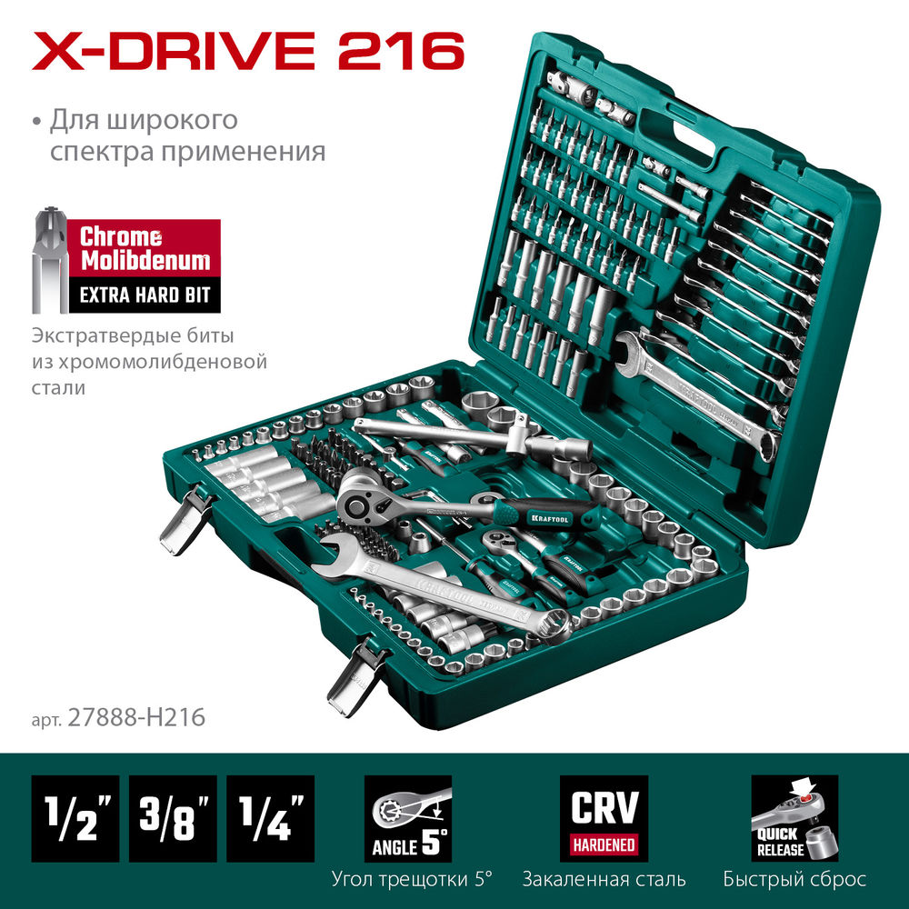 Набор инструмента универсальный 216 предм., (1/2+3/8+1/4) X Drive KRAFTOOL 27888-H216