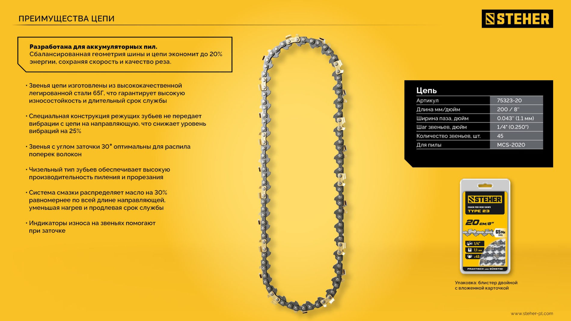 STEHER тип 23, 20 см, шаг 1/4?, паз 1.1 мм, 45 звеньев, шина (75223-20)