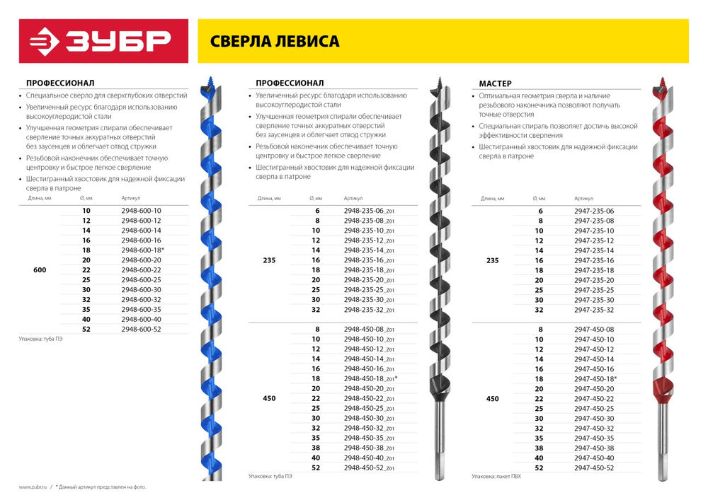 Сверло левиса по дереву 52?450/360 мм шестигранный хвостовик ЗУБР 2947-450-52