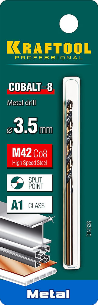 Сверло по металлу 3.5 х 70 мм сталь М42, HSS-Co(8%) COBALT-8 KRAFTOOL 29656-3.5