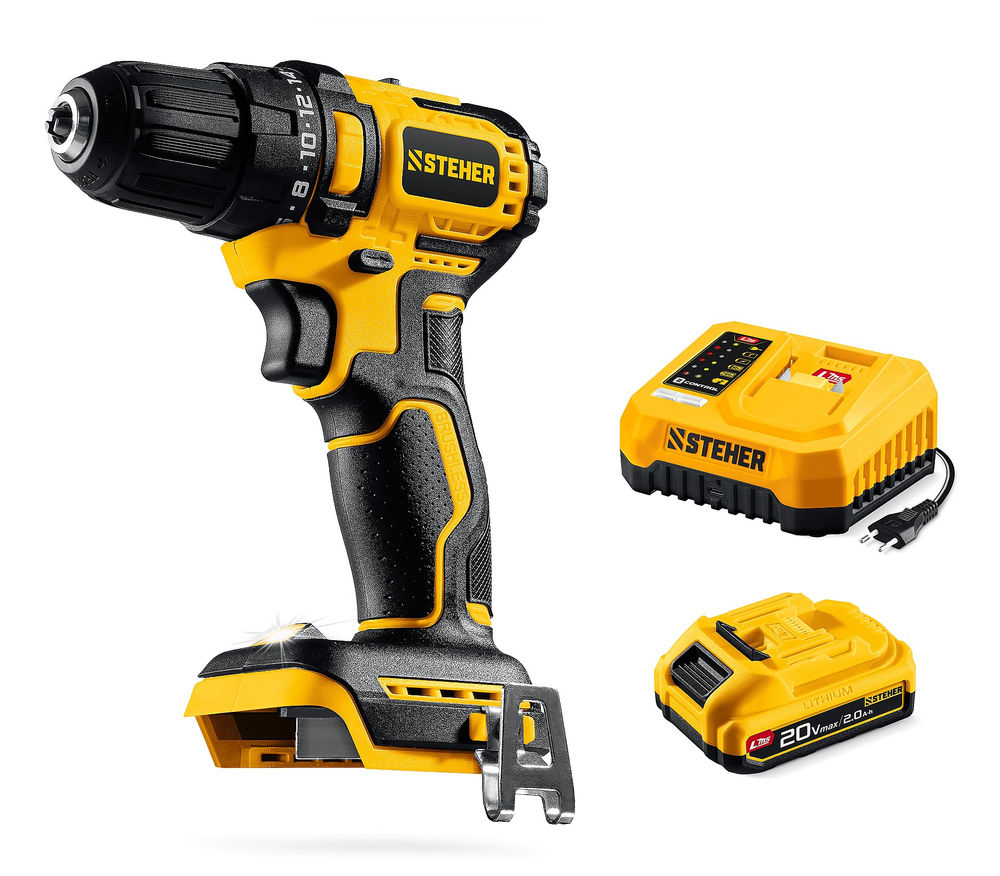Дрель-шуруповерт бесщеточная 20 В, 45 Н·м, 1 АКБ LMS (2 А·ч) STEHER CB-45-21