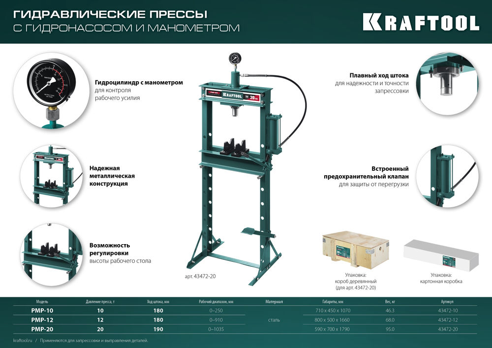 Гидравлический пресс с гидронасосом и манометром PMP-12, 12 т KRAFTOOL 43472-12