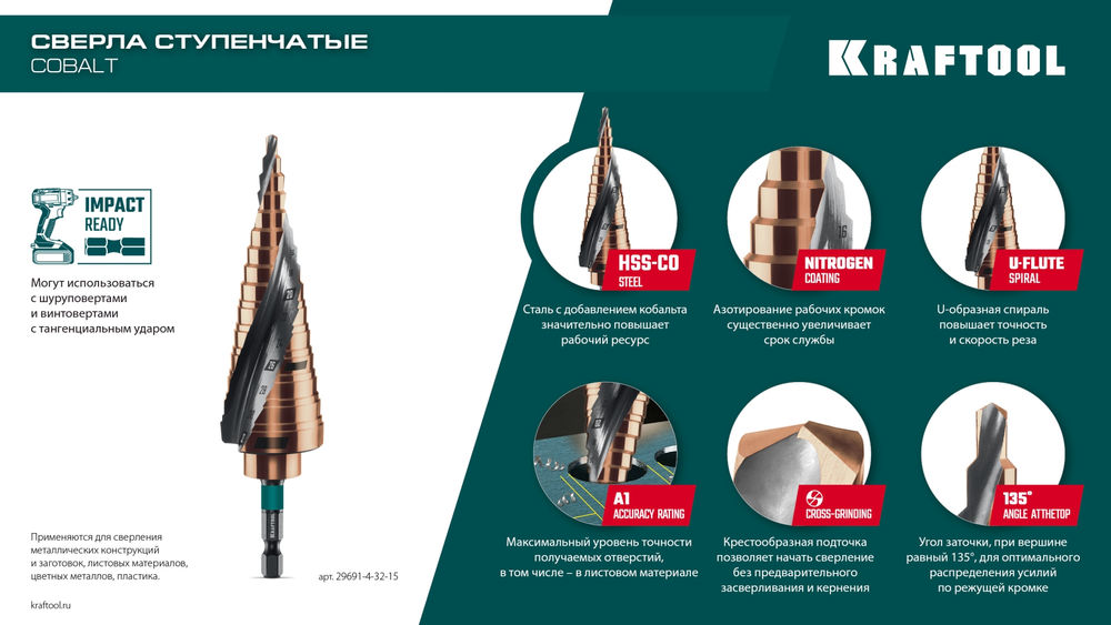 Сверло ступенчатое COBALT, 4–39 мм, 14 ступеней, азотирование, винтовая спираль KRAFTOOL 29691-4-39-14