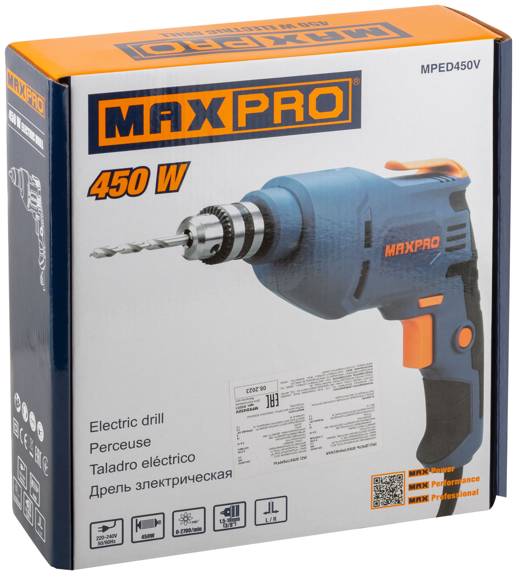 Дрель электрическая 450 Вт; 0-2700 об/мин; ключевой патрон 0,8-10 мм; 1,2 кг; резиновые вставки MAX-PRO 85051