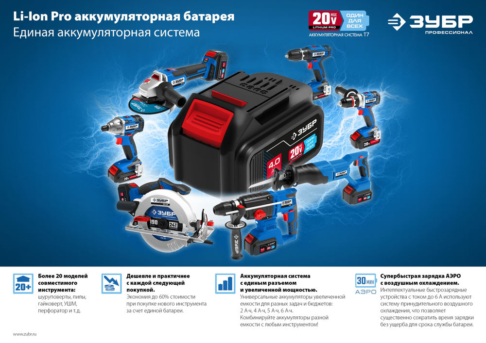 Аккумуляторная батарея 20 В 2.0 А·ч T7 ЗУБР ST7-20-2