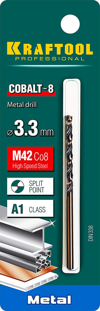 Сверло по металлу 3.3 х 65 мм сталь М42, HSS-Co(8%) COBALT-8 KRAFTOOL 29656-3.3