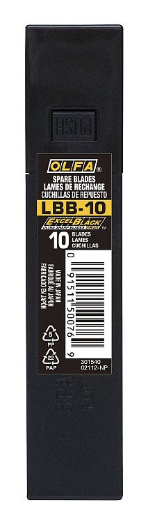 Черные сегментированные лезвия EXCEL BLACK 18 мм, 10 шт, в пластиковом кейсе OLFA OL-LBB-10