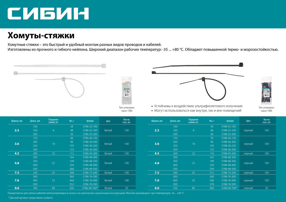 Хомуты-стяжки белые 4.8 x 400 мм нейлон РА66 100 шт СИБИН ХС-Б 3786-48-400